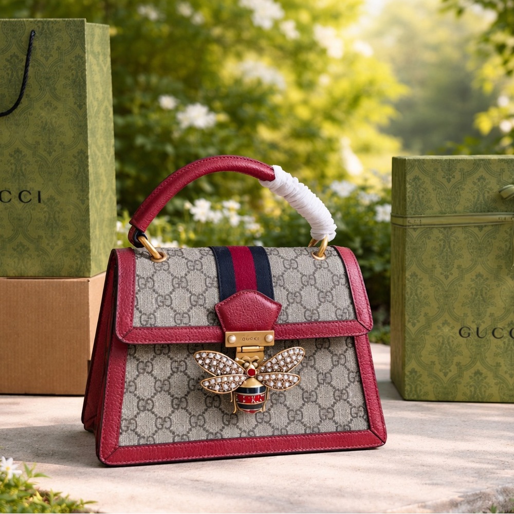Gucci Red and Beige Satchel with Bee Accent